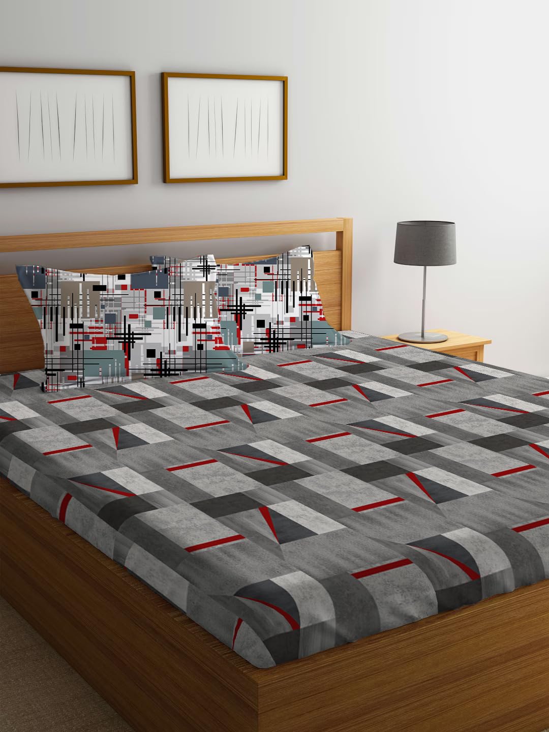 LOOMLYFE 300 TC Microfiber XXL Soft Cotton Super King Size Printed Bedsheet for Double Bed, King Size 108 Inches X 108 Inches, 9 Feet, 275 X 275 cm with 2 Large Size Pillow Covers - GreyRedBox