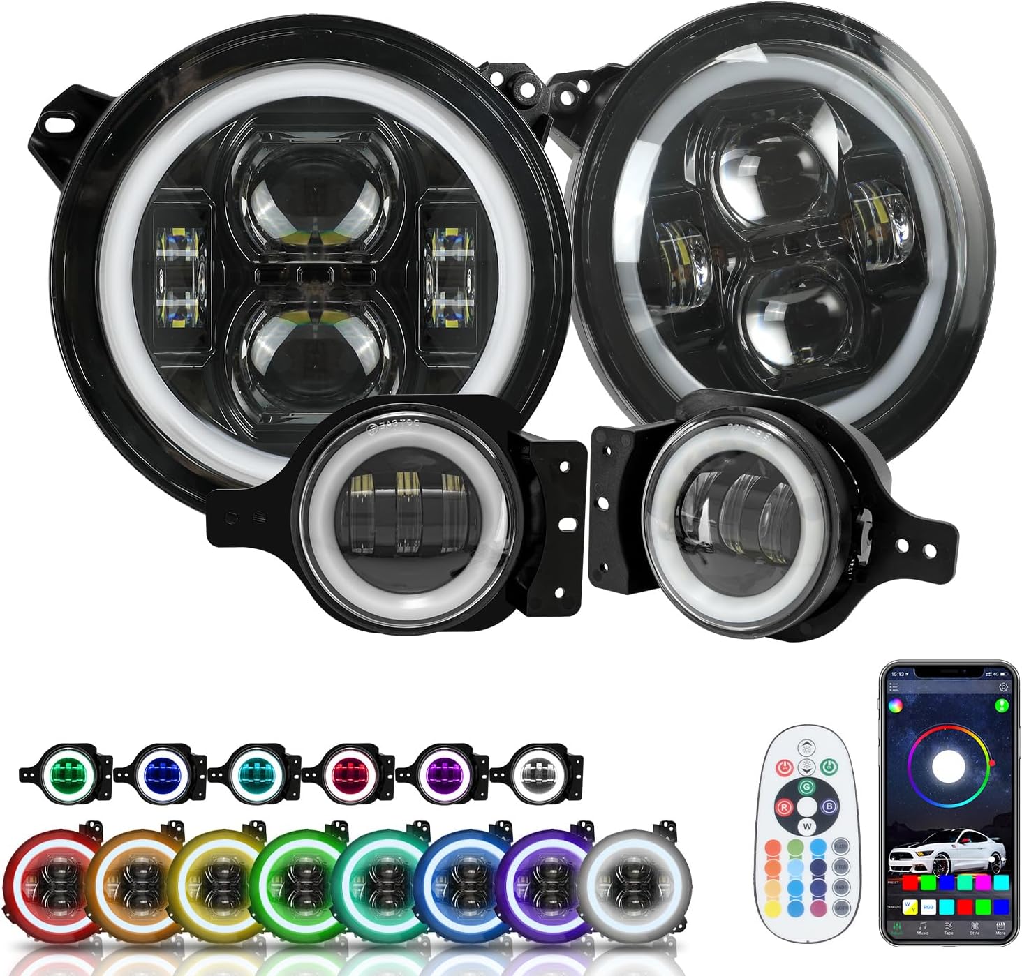 SUNPIE 9 Inch RGBW Halo Lights and Fog Lights Combo with remote and app interface