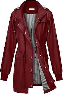 PITINAN Rain Jackets For Women Waterproof Rain Coats with Hood Lightweight Windbreaker Outdoor Trench Coat