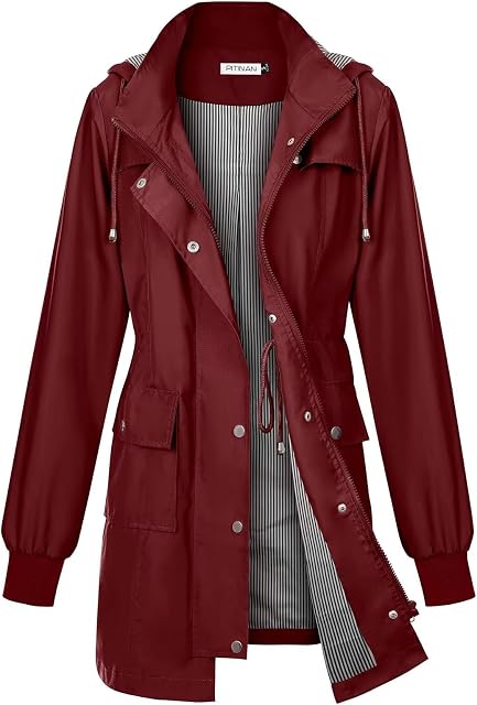 PITINAN Rain Jackets For Women Waterproof Rain Coats with Hood Lightweight Windbreaker Outdoor Trench Coat