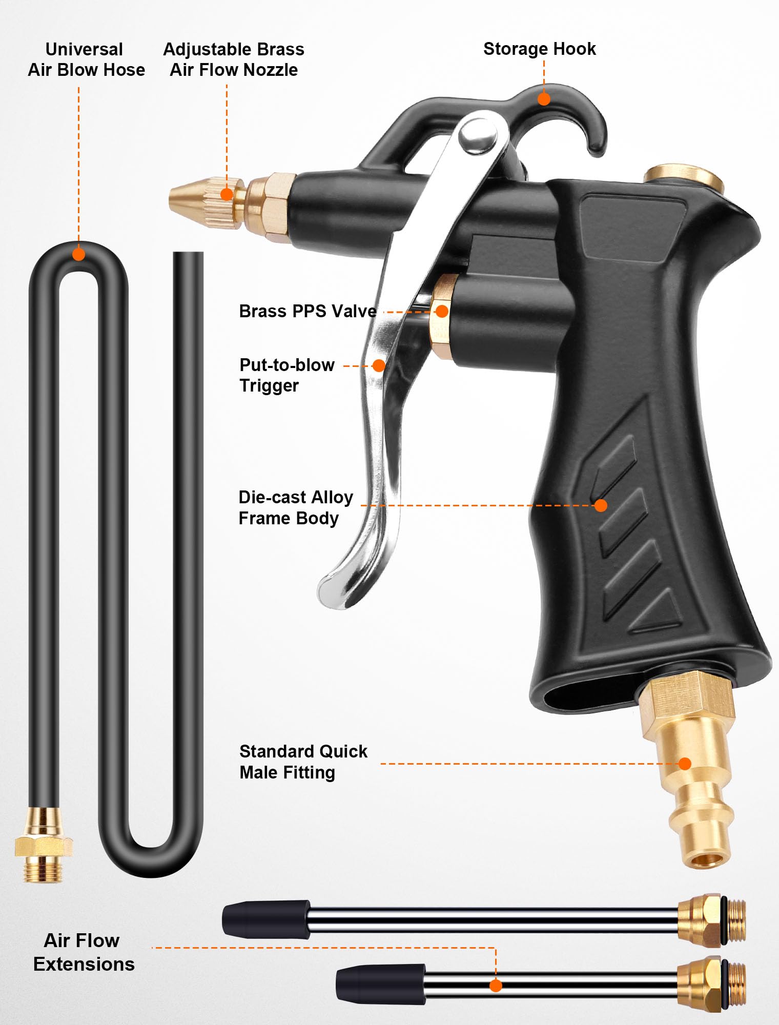 Brass Industrial Air Blower with Adjustable Nozzle, Universal Blow Hose & Steel Extensions - Air Compressor Dusting Tool