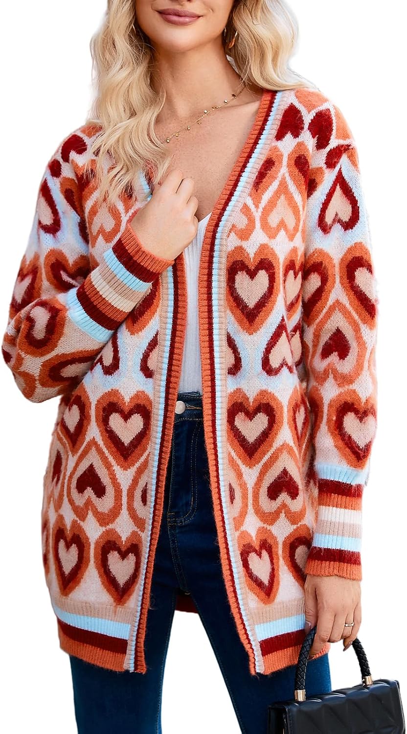 EZAPINE Chunky Cardigan Sweaters for Women Long Open Front Color Block Knitted Heart Cardigan Valentine Sweater