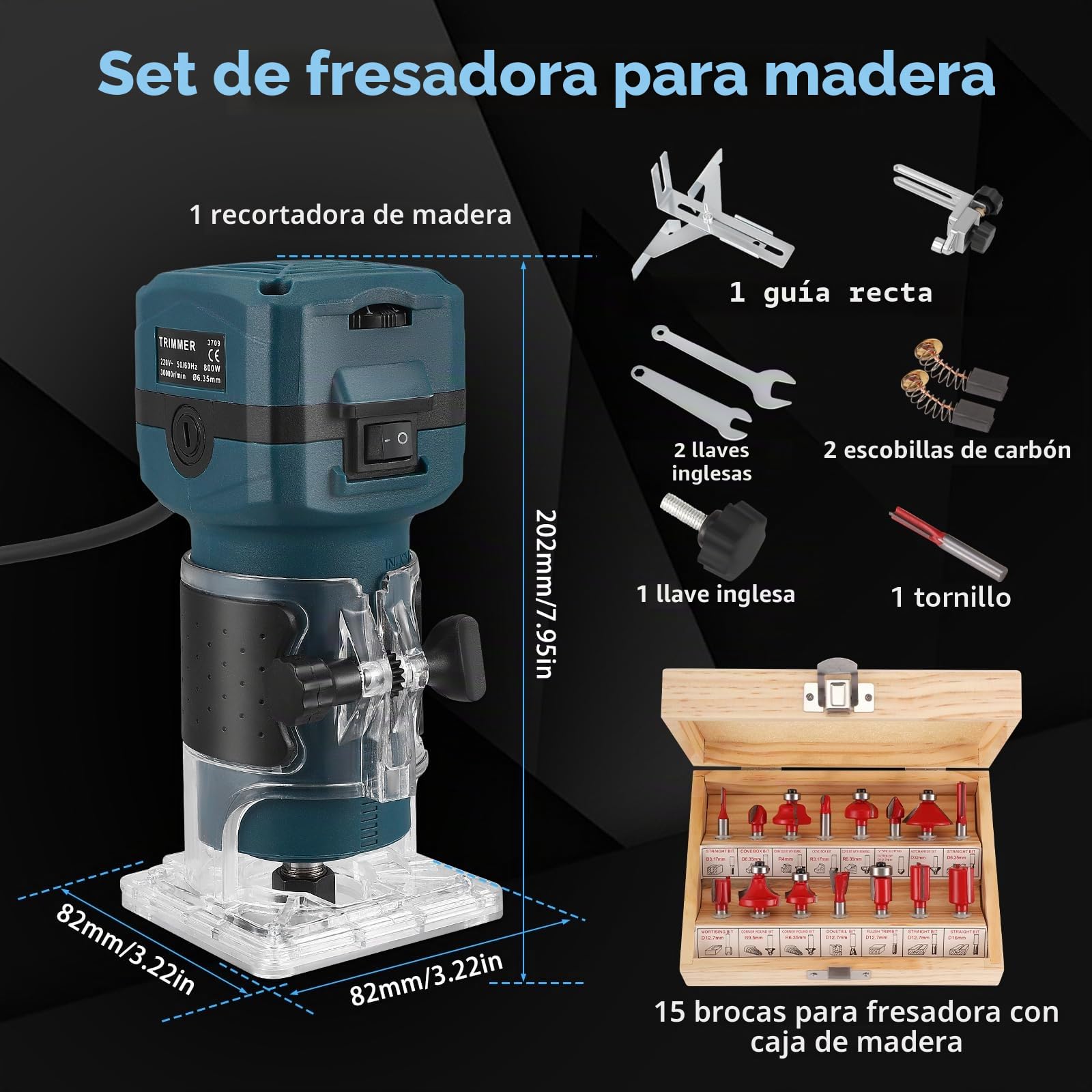 Fresadora Madera Fresadora Rebajadora Eléctrica 800W, 6 Velocidades 10000-30000 RPM, Fresadora de Mano con 15 Piezas Fresas 1/4" y Caja de Madera, Pinza 6.35mm Enchufe UE Azul para Carpintería