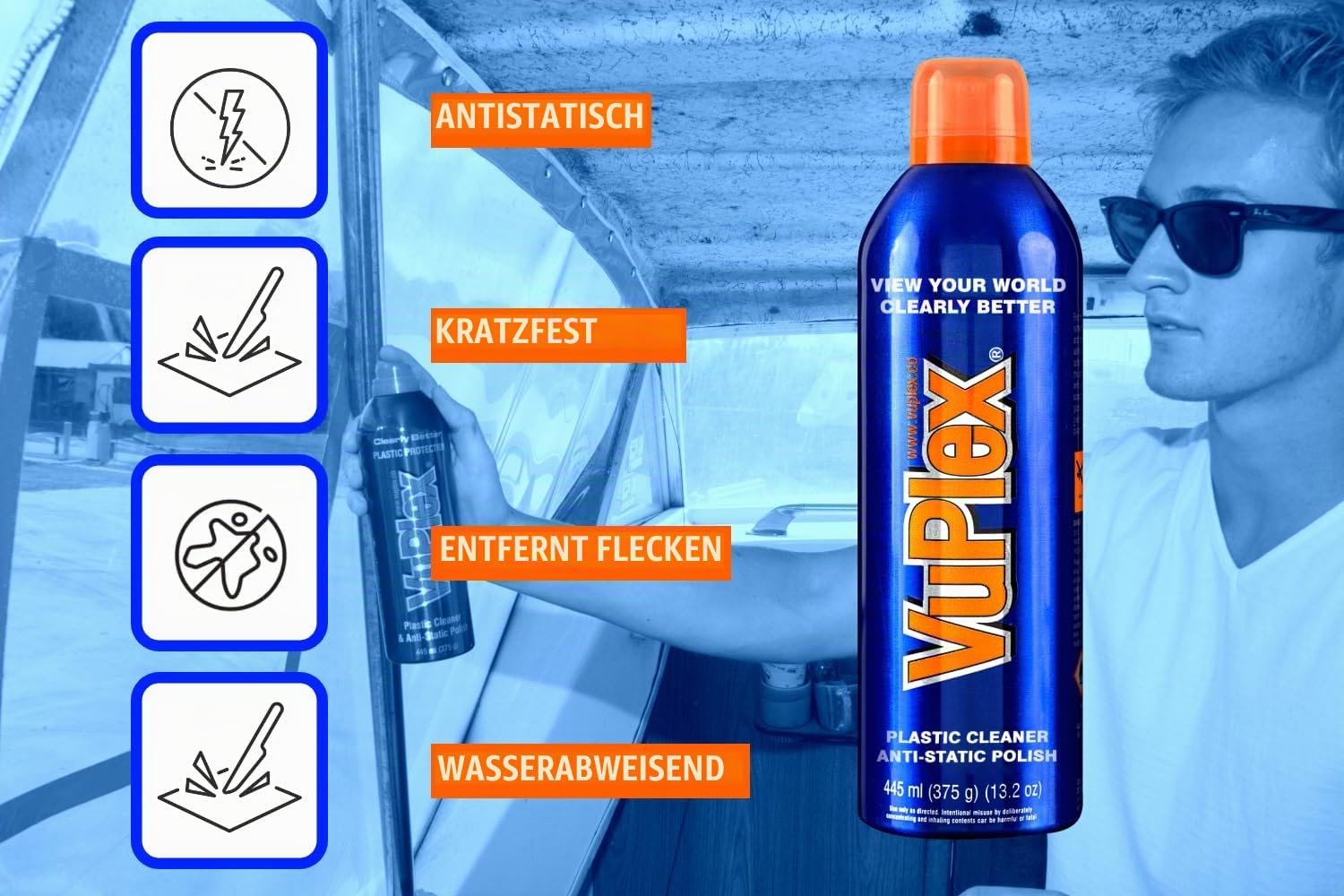 Kunststoffreiniger und antistatische Politur VuPlex für Acrylfenster von Wohnwagen, 445ml