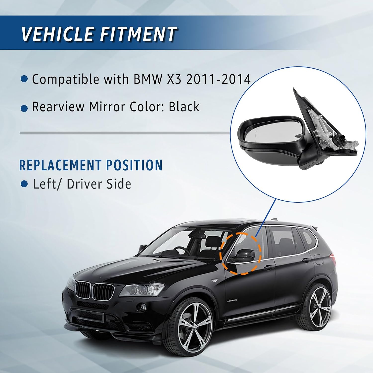 Driver Side View Mirror Assembly Compatible with BMW X3 2011-2014, Black Left Rear View Mirror Without Camera Turn Signal Lamp Blind Spot, w/Electric Foldable Heated Power Glass