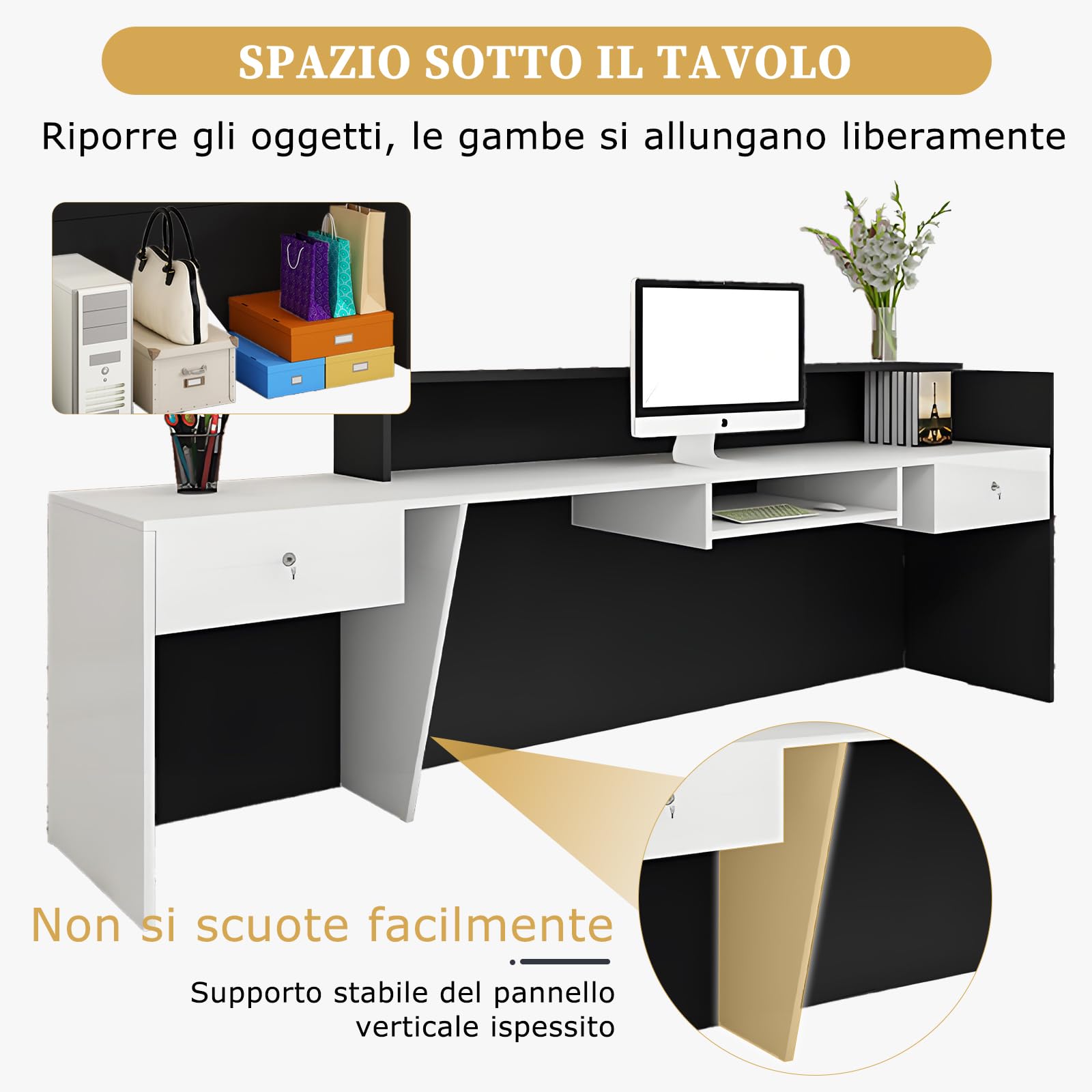 Bancone Reception, Banco Reception con Cassetto e Ripiani Aperti, Banconi Reception da 100–240 cm, Moderno per Ufficio, Adatto per Saloni, Yffici, Hall, Negozi al Ddettaglio