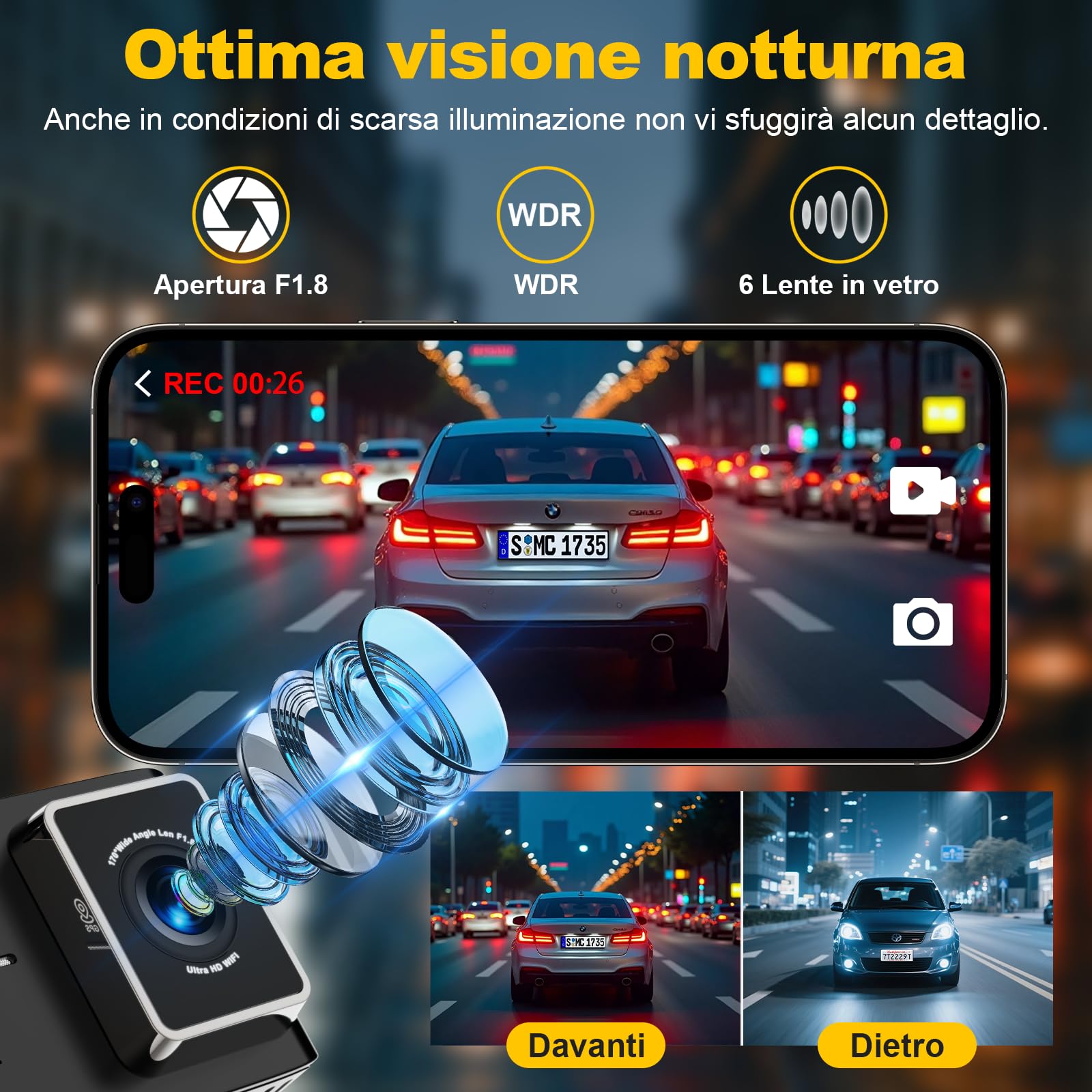 70mai Dash Cam Anteriore e Posteriore A410, Doppia Dashcam 2.5K+1080P HDR, Visione Notturna Super, Apertura F1.55, Modalità Parcheggio 24H, WiFi GPS, G- Sensor, Registrazione in Loop, Include 64GB SD