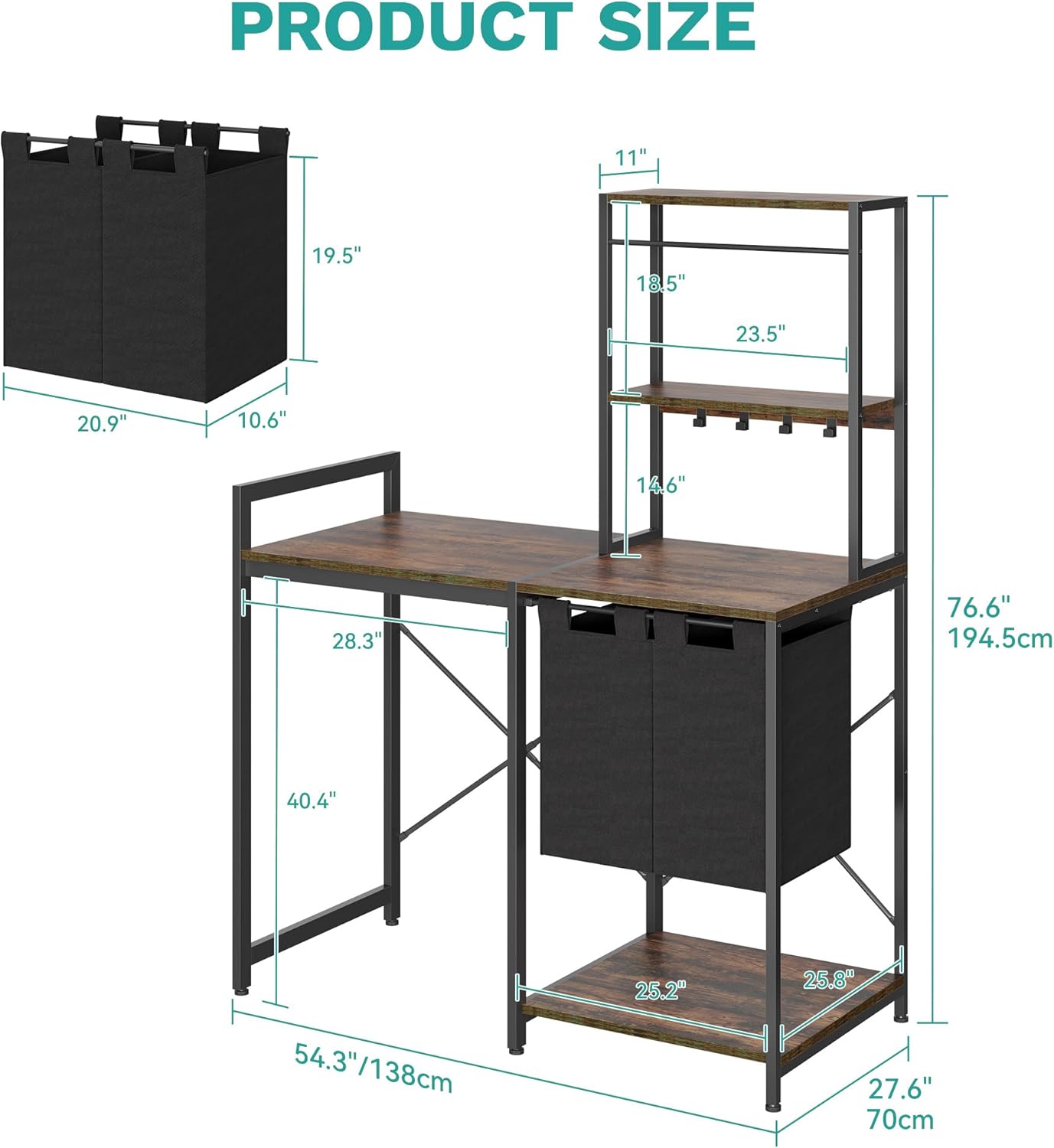 YITAHOME Kitchen Bakers Rack with Storage Shelves, Coffee Bar Table with 4 Tiers ＆ 5 Hooks, 45.3" Large Freestanding Kitchen Shelves, Mini Fridge Cabinet with Storage for Dining Room, Retro Brown