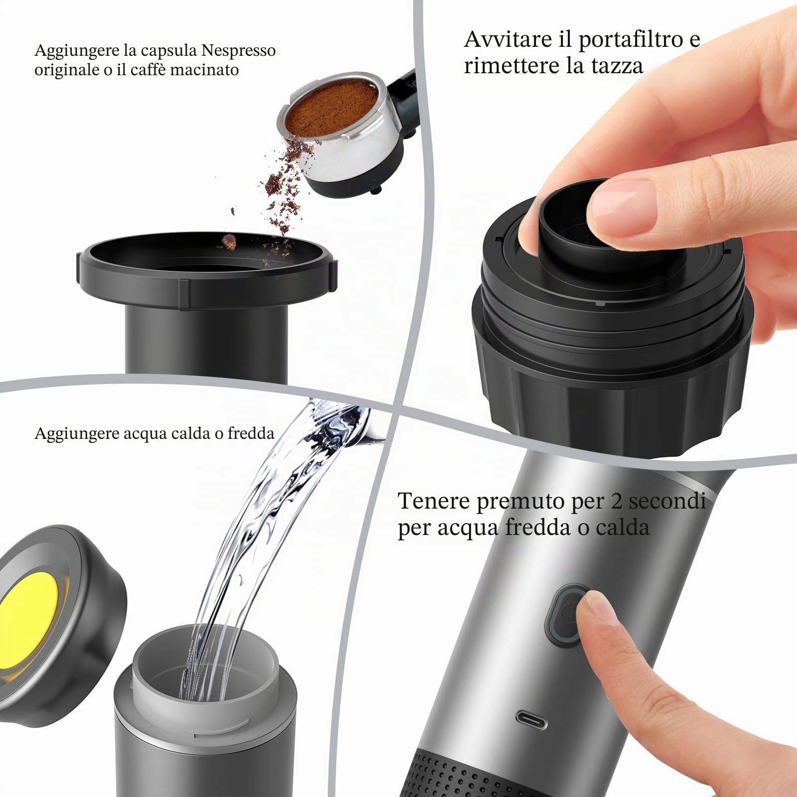 Vunzo Macina Caffe' Elettrico Portatile Macchina caffè capsule auto-riscaldamento con USB-C, Macchina Da Caffè Portatile Capsule, Caffettiera Portatile, Caffettiera da Viaggio Per il Campeggio
