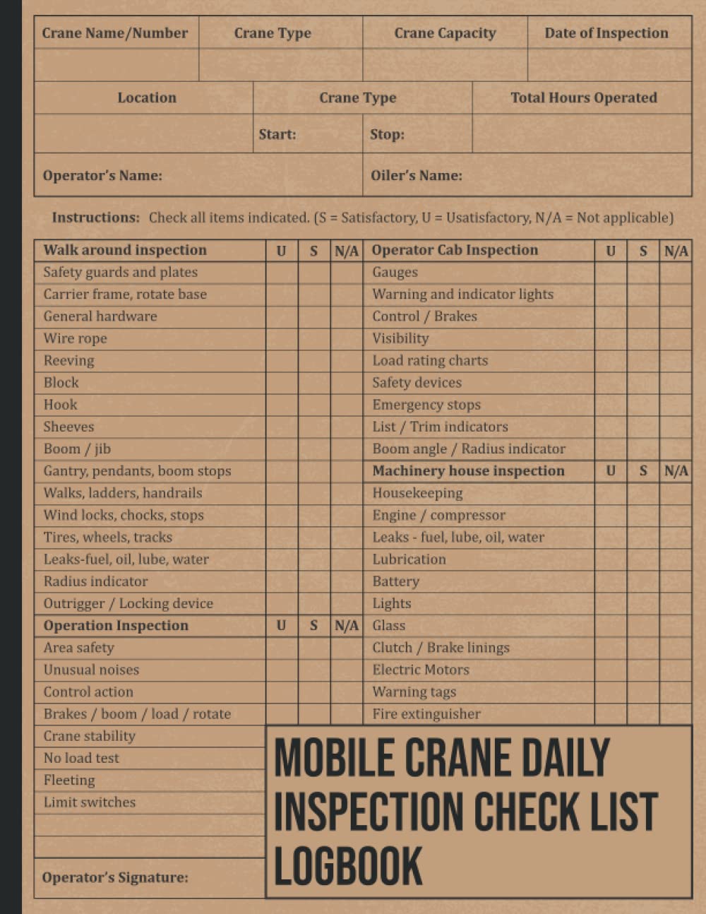 Buy Mobile Crane Daily Inspection Checklist Log Book Crane Operator