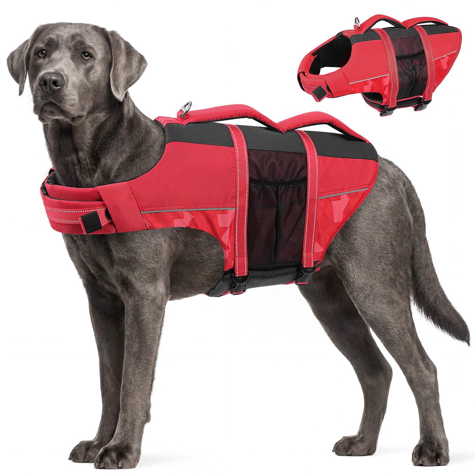 CITÉTOILE Giubbotti di Salvataggio per Cani, Regolabile Salvagente per Animali con Manico, Costume da Bagno di Sicurezza in Acqua per la Vela in Piscina Sulla Spiaggia, Rosso, XXL