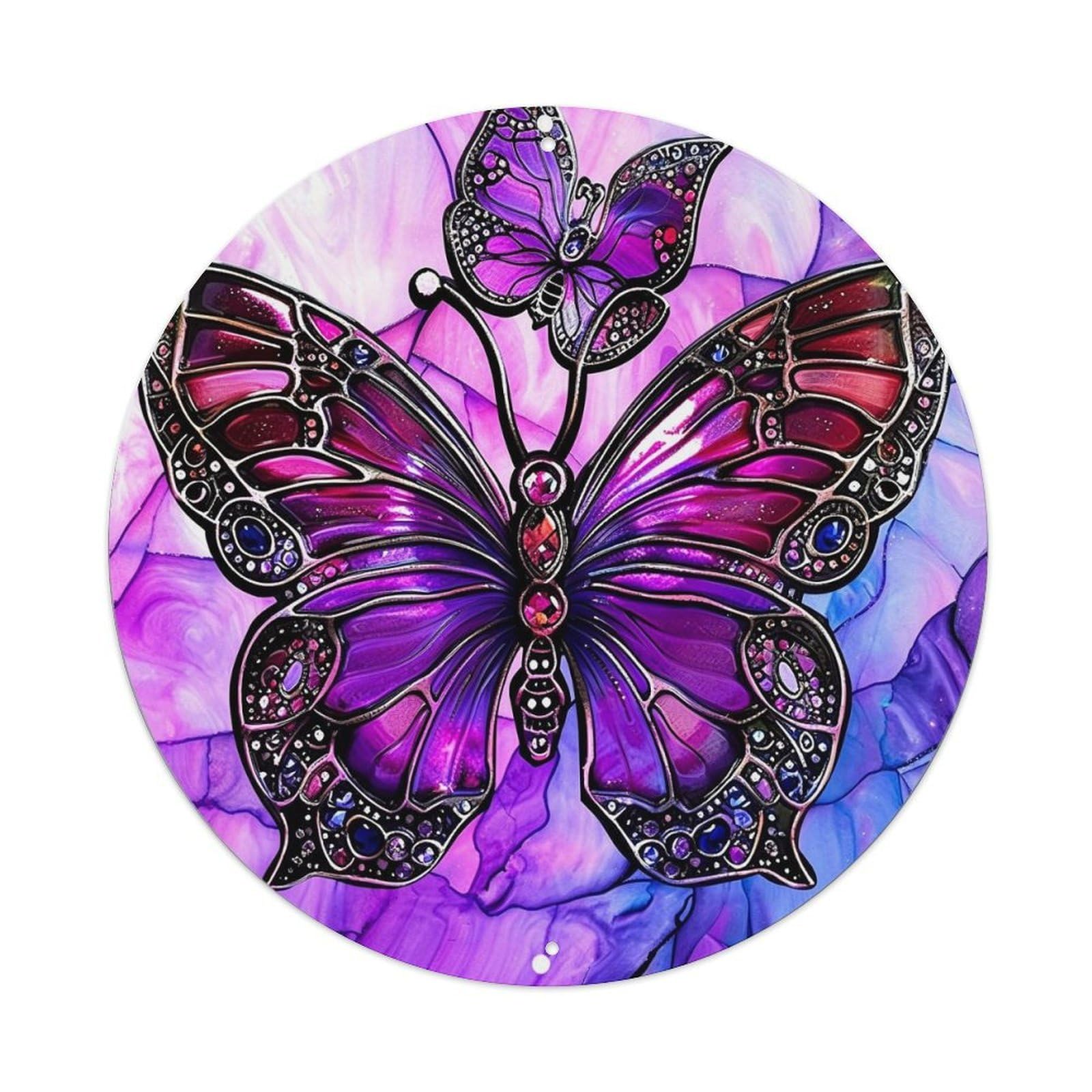 Purple Butterfly Stained Glass Art Round Metal Tin Sign Vintage Wall Decor, Bar Garage Cafe Kitchen Home Wall Art Poster 8x8inches