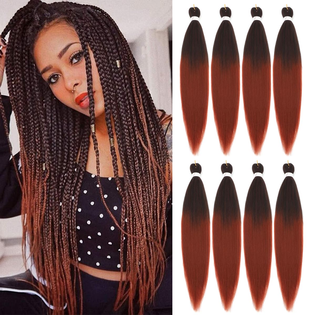 Ombre Ginger Braiding Hair Pre Stretched 26 Inches EZ Braiding Hair Yaki Texture 8 Packs/Lot Braid Hot Water Setting Professional Synthetic Braiding Hair Extensions (8pcs,26",#1b/350)