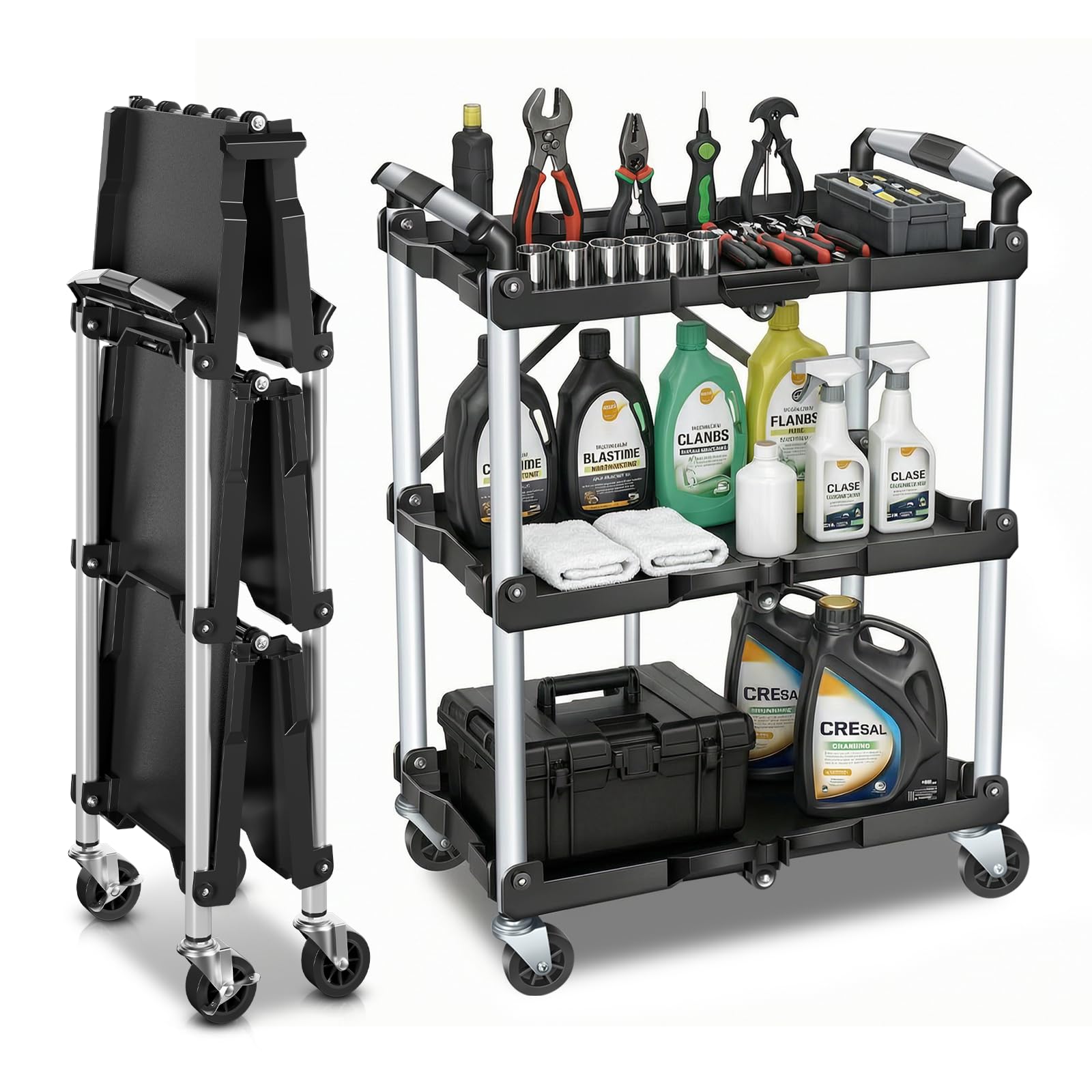 3-Tier Folding Utility Cart, Heavy Duty Rolling Cart with Wheels