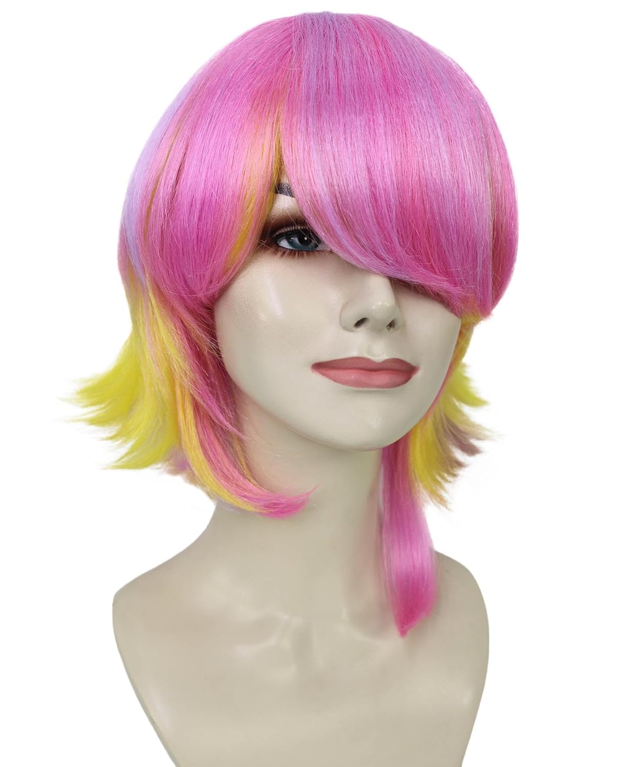Adult Women's Pastel Pink and Yellow Gradient Short Layered Bob Wig Cut - Flipped Ends Wig for Halloween and Cosplay - Synthetic Fiber