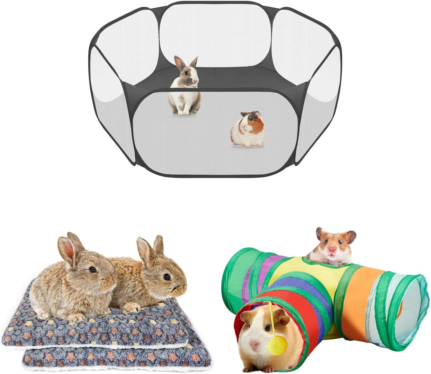 Small Animals C&C Cage Tent, Breathable and Transparent Pet Playpen & 2 Pcs Guinea Pig Bed Mat Washable, Rabbit Winter Bed Pad for Indoor & Guinea Pig Tunnels and Tubes, Hamster Play Tubes with 3 Way