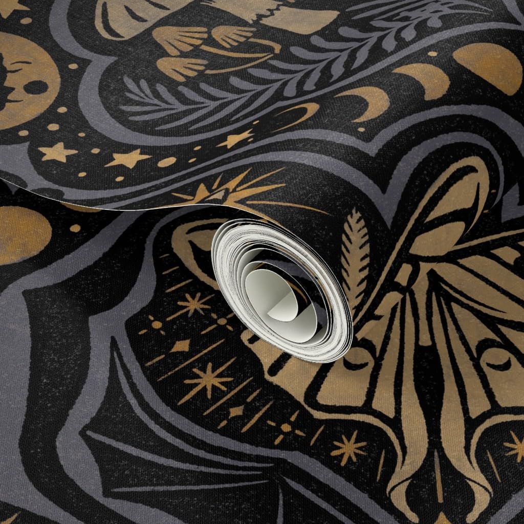 Peel & Stick Wallpaper 3ft x 2ft - Mushroom Damask Dark Witchy Gothic Moon Phase Celestial Mystical Bat Luna Moth Black Blue Large Custom Removable Wallpaper by Spoonflower