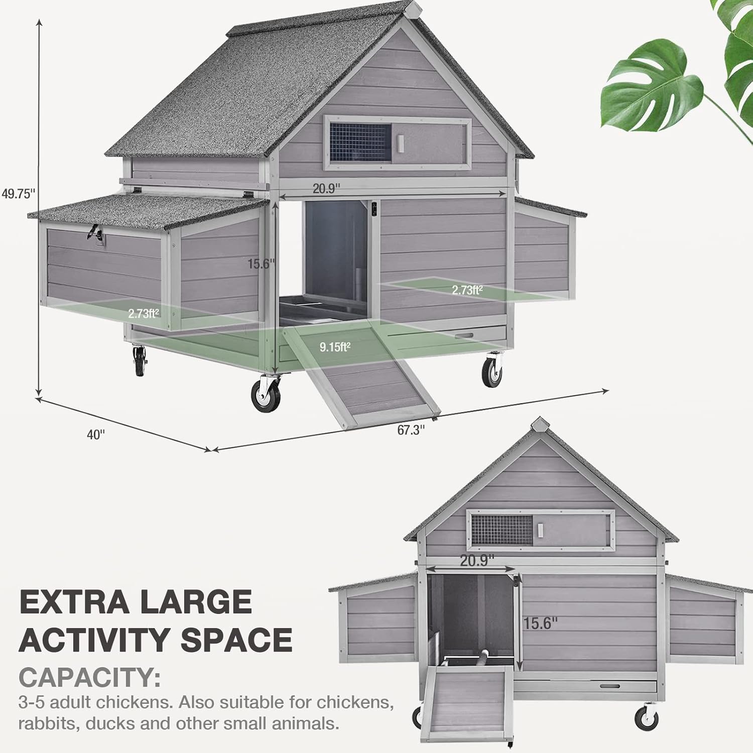 Large Chicken Coop with Wheels, Expandable Chicken House for Outdoor with Two Nesting Box, Leakproof Pull-on Tray and UV-Resistant Roof Panel