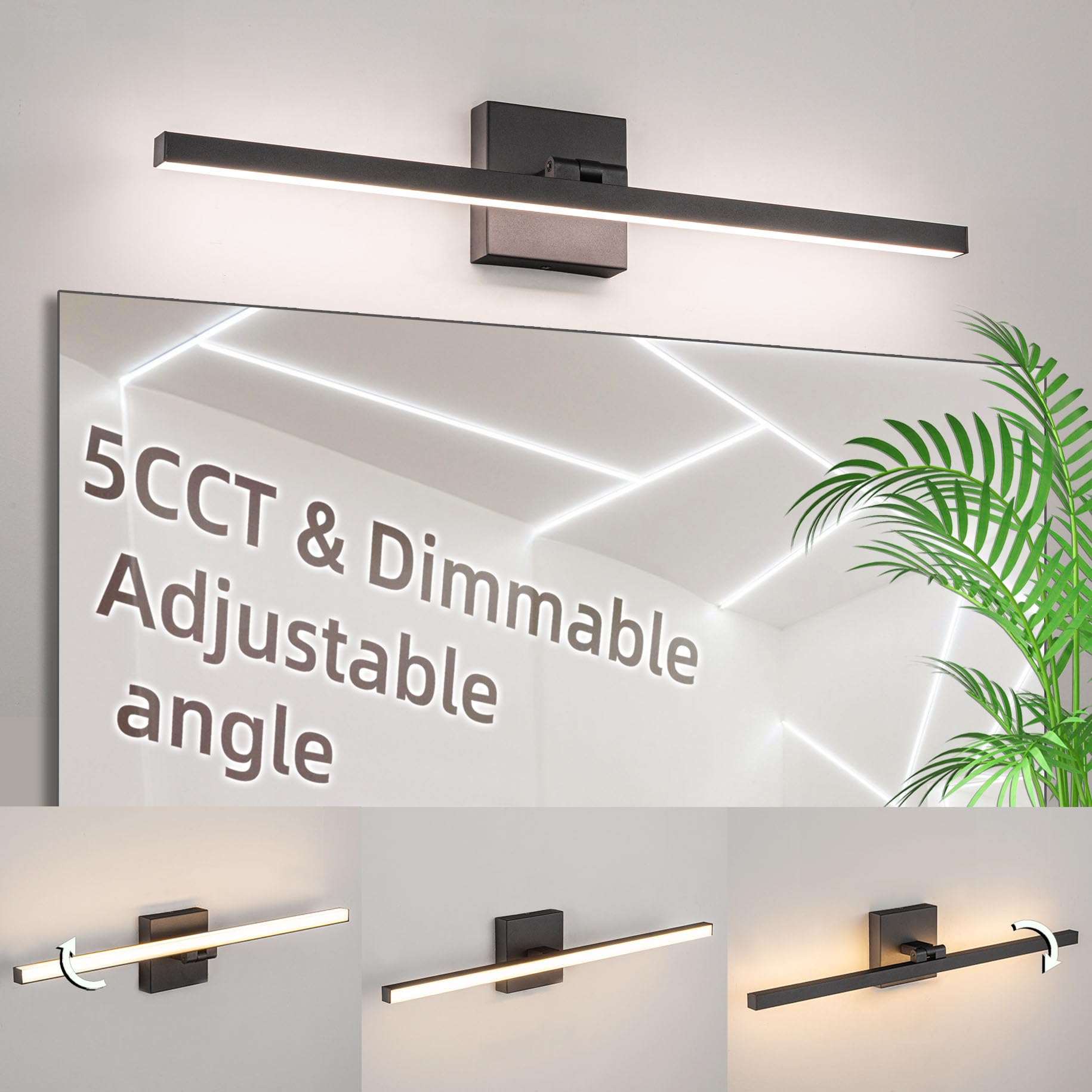 zouzai Modern Bathroom rotatable Vanity Light 24 inch, Dimmable 5CCT Led Bathroom Light Fixture Over Mirror, Black Bar Vanity Light for Bathroom Mirror Restroom-ETL Certificated