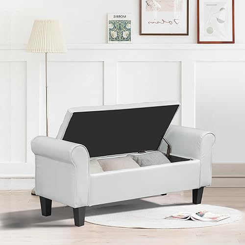 Miniatura 6 de ECOTOUGE Otomana con almacenamiento para sala de estar, reposapiés tapizado de cuero, bancos de dormitorio al final de la cama, otomana con brazo