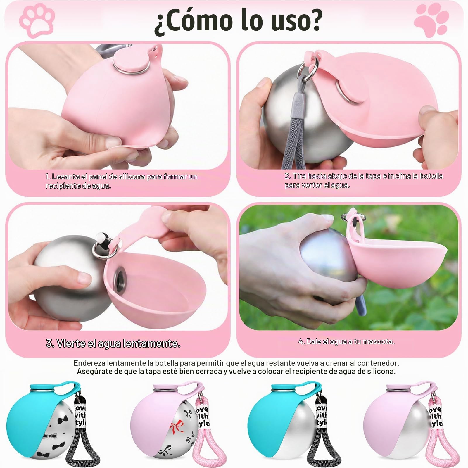 Shinybox Botella Portátil para Perros, 285 ml Botella para Perros para Viajes con Cuenco de Silicona, a Prueba de Fugas, para Perros Pequeños, Gatos, Viajes, Camping, Paseos