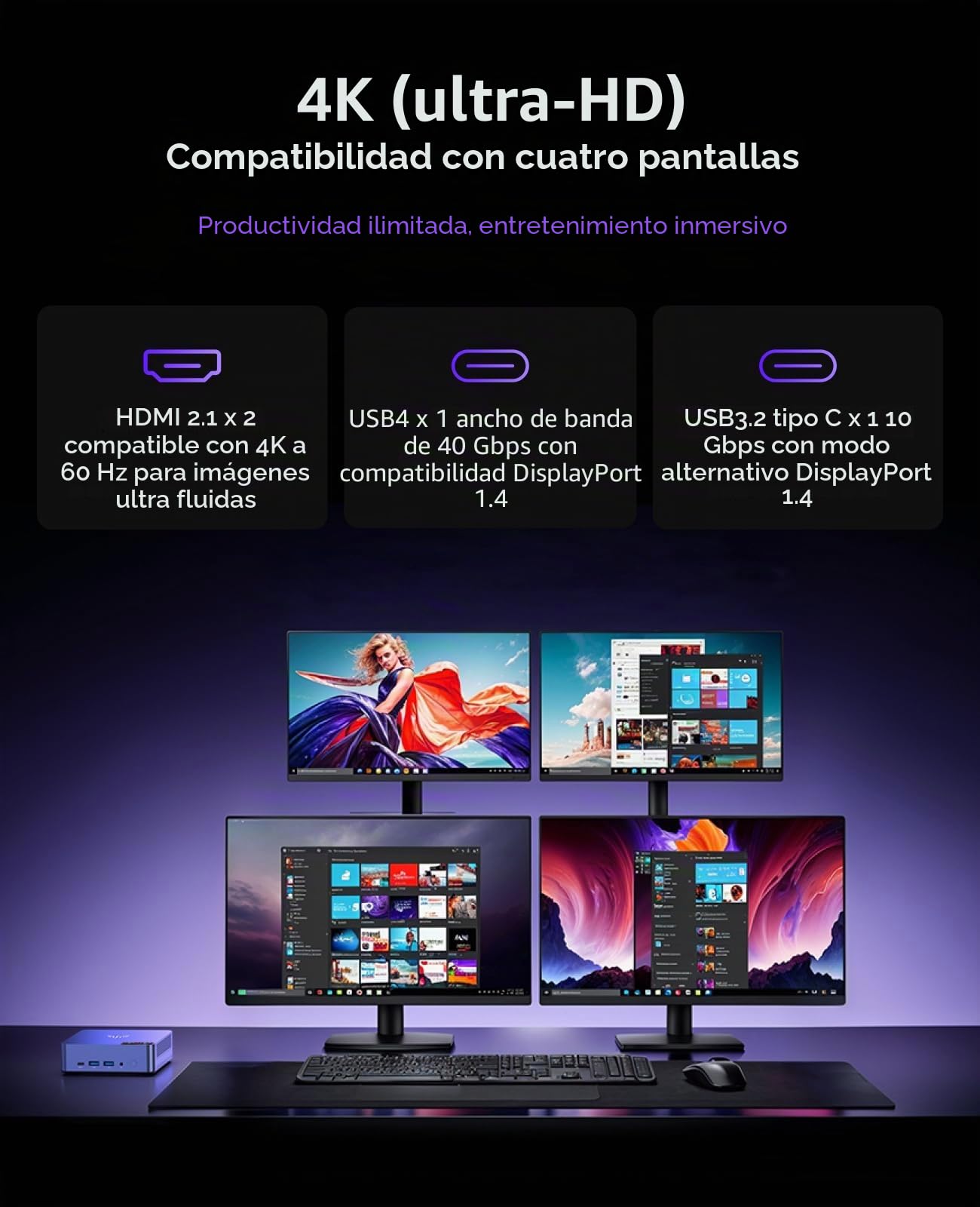 NiPoGi AM21 Mini PC Ryzen 7 8745HS(8C/16T, MAX 4,9 GHz),16GB DDR5 5600MHz 512GB NVMe SSD(MAX 4 TB),4K Quad Affichage(HDMI 2.1/DP 1.4/USB4) WiFi 6,BT 5.2,Double LAN,Ordinateur de Bureau
