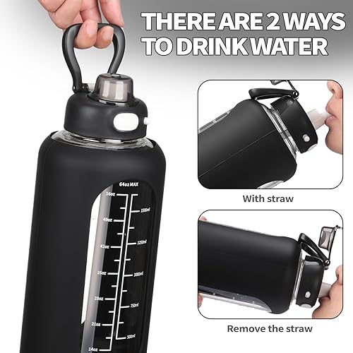 Miniatura 2 de SIEROZUR Botella de agua de vidrio de 64 onzas con pajilla, botella de agua motivacional deportiva de medio galón con funda de silicona y marcador