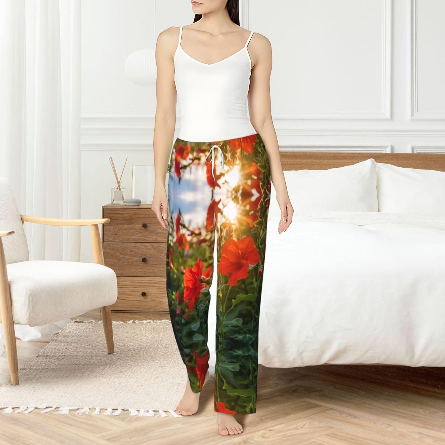 Safflower Green Leaf Print Cozy Christmas Pajama Pants,Flannel Pajama Bottoms,Cater To Various Body Types