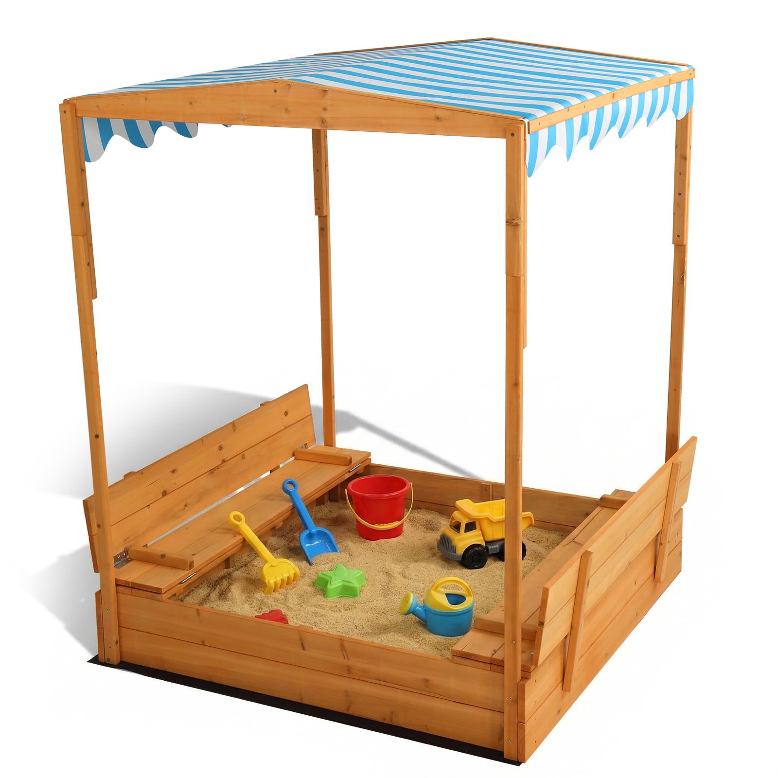 LEADZM Bac à Sable en Bois pour Enfants avec Couvercle Toit et Banc, 118.2 x 113 x 151.5 cm, Grand Bac à Sable Extérieur pour Jardin, Plage, Parc, Cadeau pour Garçons et Filles de 3 à 12 Ans