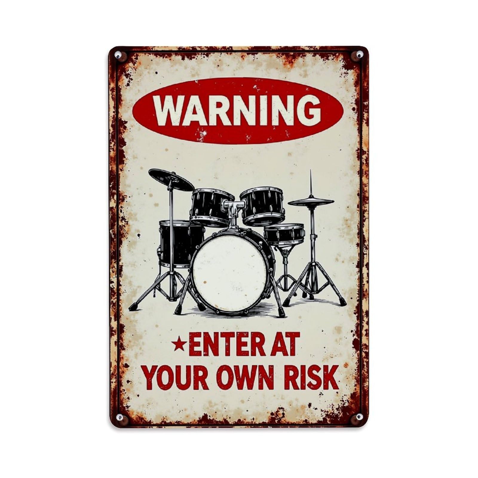 Jdfenggu Vintage Warning Drum Set Enter At Your Own Risk Retro Metal Tin Sign, Decor Art Poster For Bar, Home, Man Cave, Kitchen, Laundry Room Gift 8X12inch
