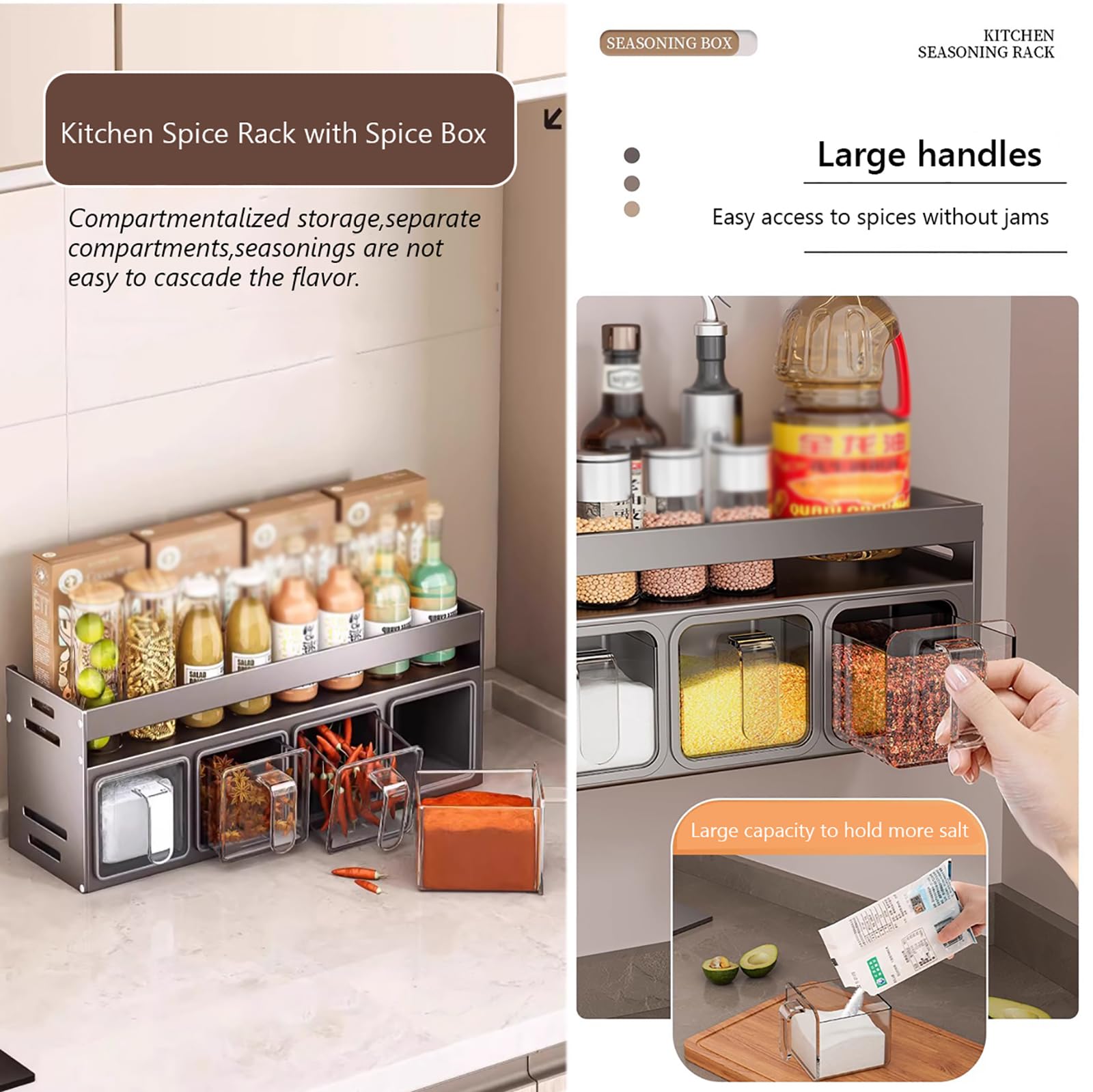 Estante de especias montado en la pared para cocina, 5 recipientes para hierbas y especias con asas, ideal para sal azúcar y condimentos, especias blancas para almacenamiento en encimera