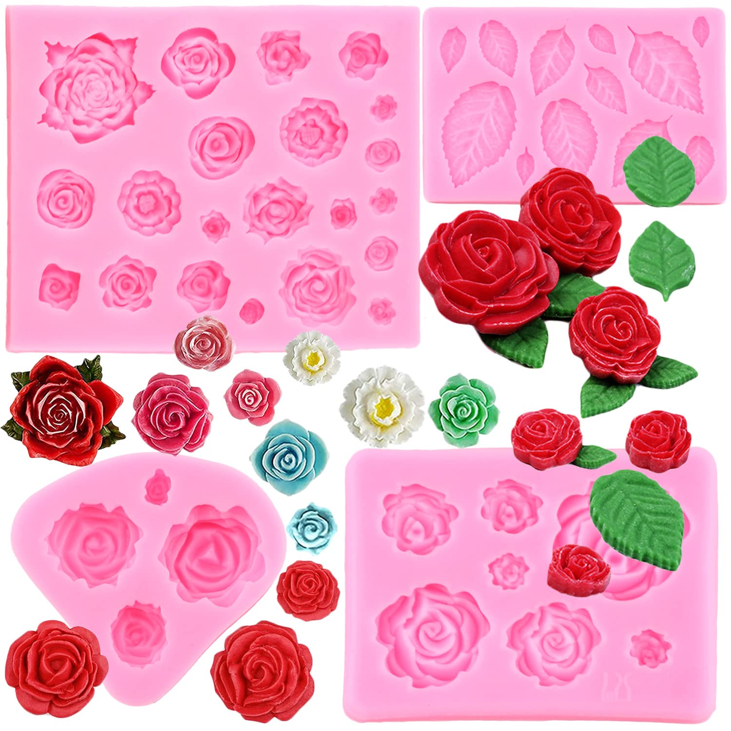 Mujiang Rose Flower Cake Fondant Mold Leaf Silicone Molds for Chocolate Candy Polymer Clay Cake Decorating Set of 4