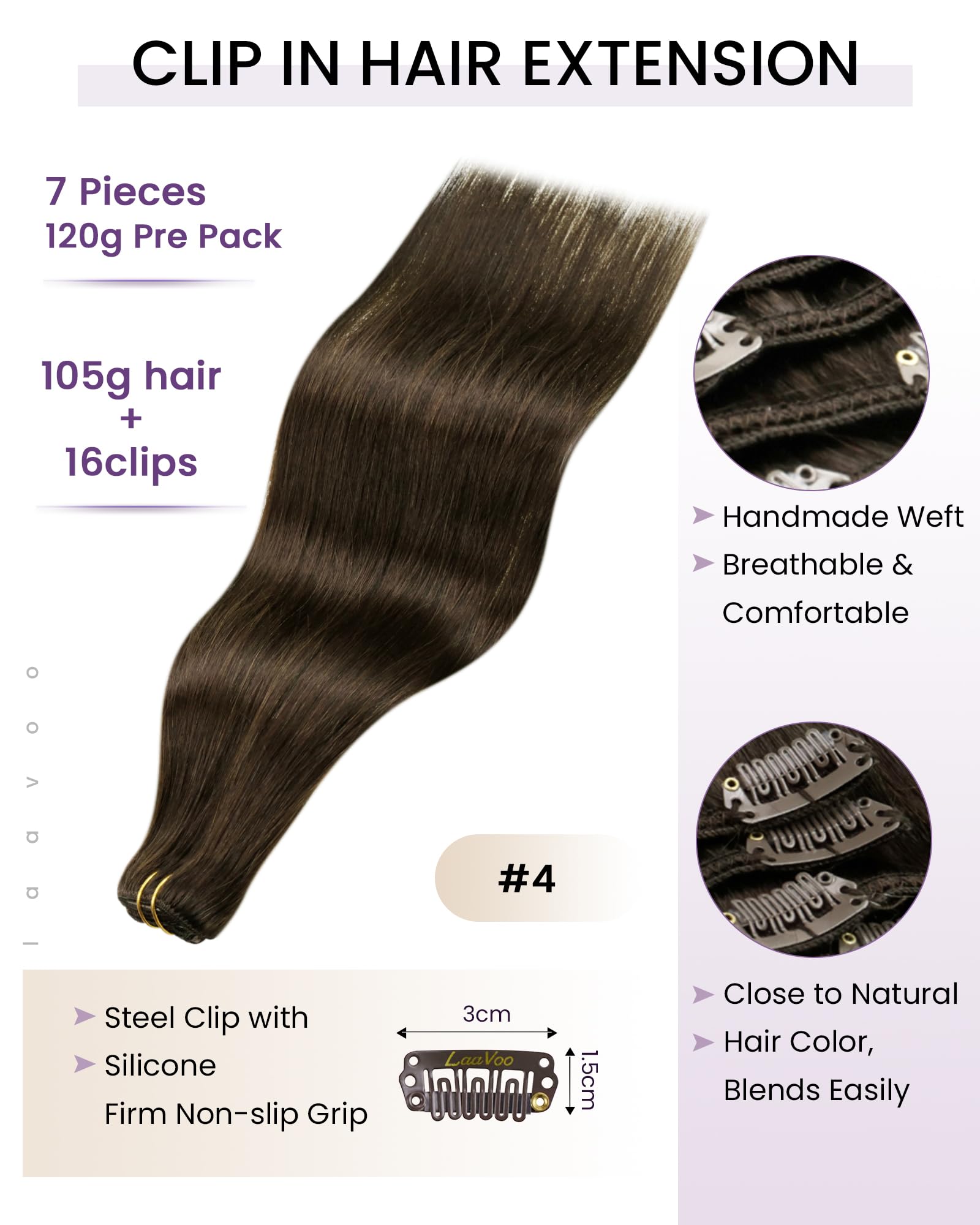 LaaVoo Hair Extensions Clip in Real Human Hair Brown Clip in Hair Extensions Dark Brown Full Head 16 Inch 120g 7pcs Remy Straight Hair Double Weft #4 — view 3