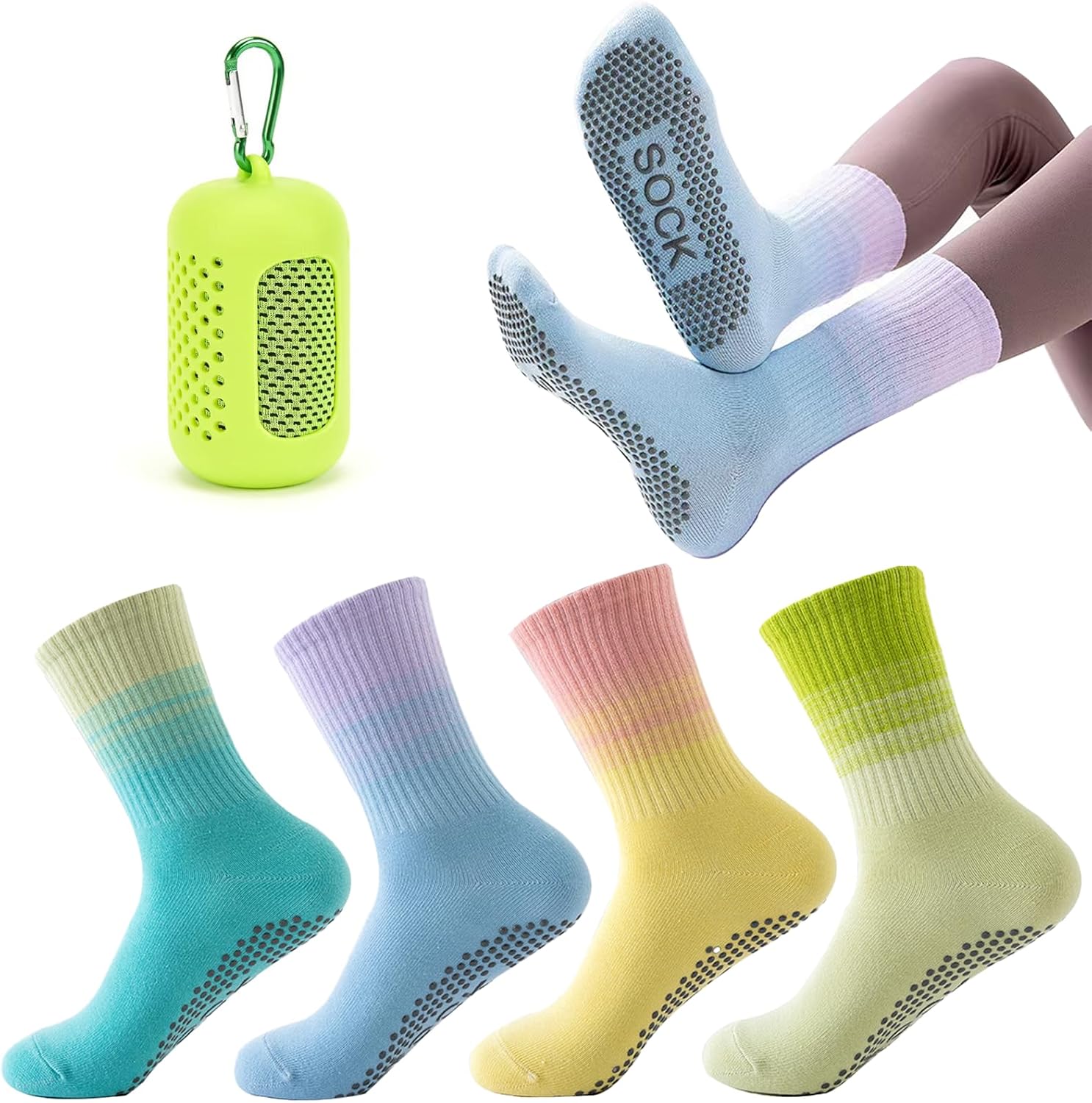 CasRmia Yoga Socks for Women，4 PCS Non-Slip Grip Pilates Socks and 1 Cooling towel，Breathable Material&Breathable, Moisture-Wicking Grip Socks for Pilates, Ballet, Barre & Athletic Workouts