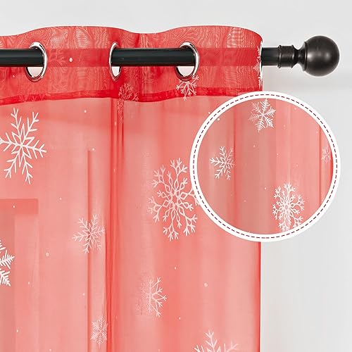 Miniatura 2 de Tony's collection Cortinas traslúcidas rojas de 84 pulgadas de largo para sala de estar, estampado de copos de nieve, regalo para decoración de