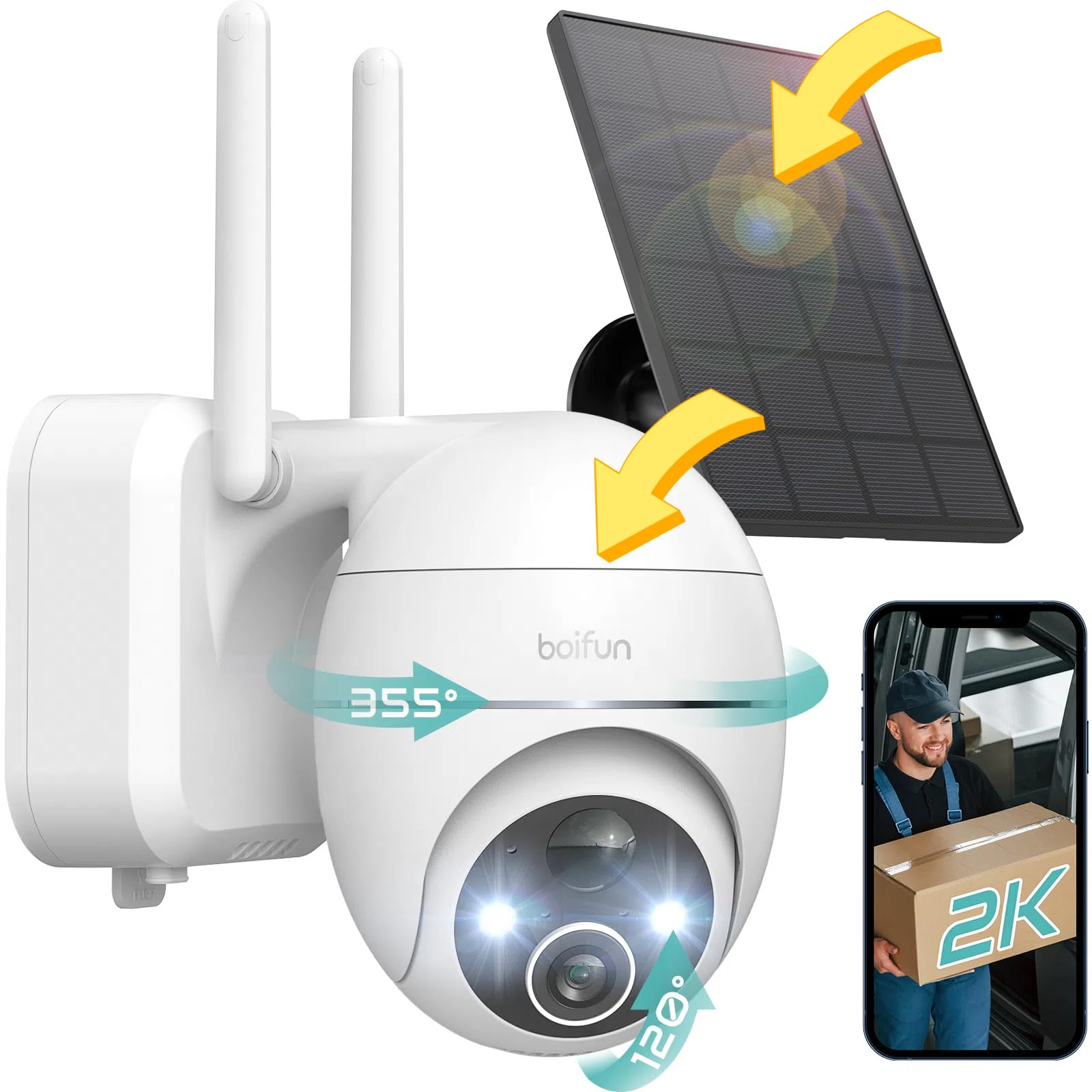 Camera Surveillance Wifi Exterieure Solaire Boifun 2K 360° - Batterie Longue Durée