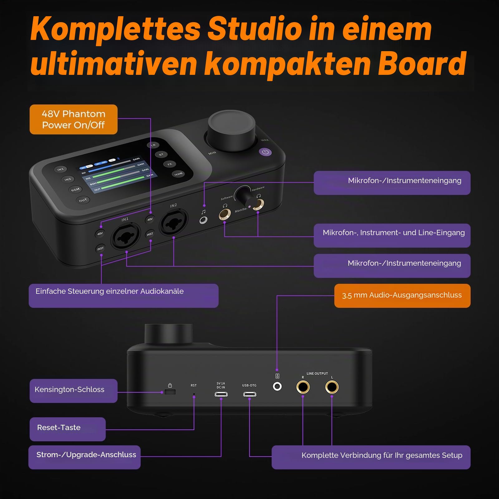 NearStream AMIX40U 10-Kanal USB-Audio-Interface und Audiomixer für PC | Zwei XLR-/6,35-mm-Eingänge mit 48-V-Phantomspeisung,Bluetooth 5.3, ein 2"LCD-Display für Podcast-Aufnahmen und Live-Streaming