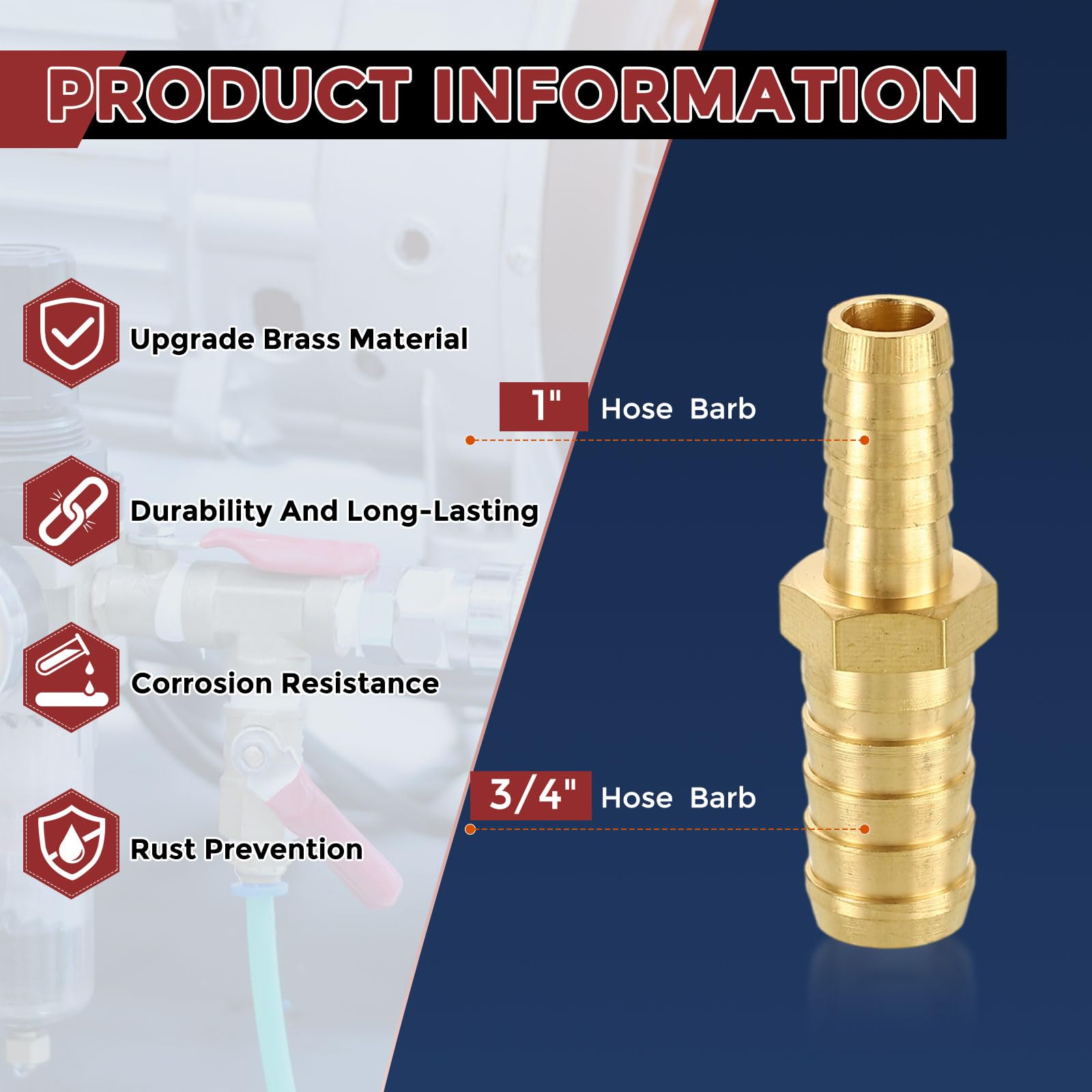 Kozelo Pack of 2 Solid Brass Hose Barbs Fittings 1"(25.5mm) Hose Barbs to 3/4"(20mm) Fittings for Home Machines Massage Bathtubs - Image 2