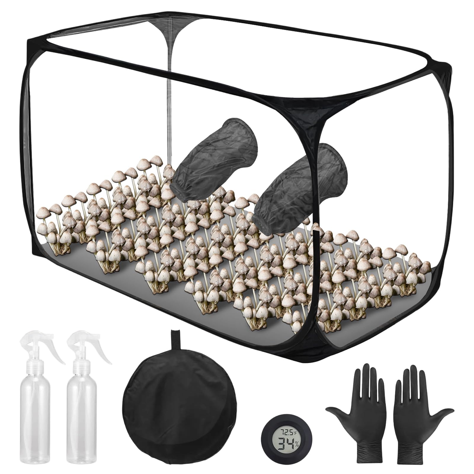 Tienda de cultivo de hongos grande de 82 x 52 x 52 cm, caja de cultivo de setas, caja de cultivo de hongos con caja de aire silenciosa, tienda de cultivo portátil y plegable con dos aberturas para