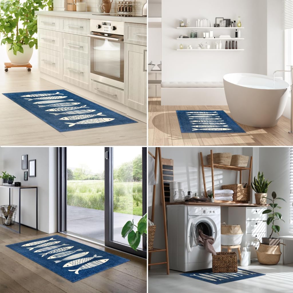 Wash+Dry Fish Tango One-Piece Washable Rug with Rubber Backing, Large Door Mat for Entryway, Kitchen, Bathroom, Non-Slip Indoor Doormat, White and Navy Blue Fish Design, 27.5" x 47"