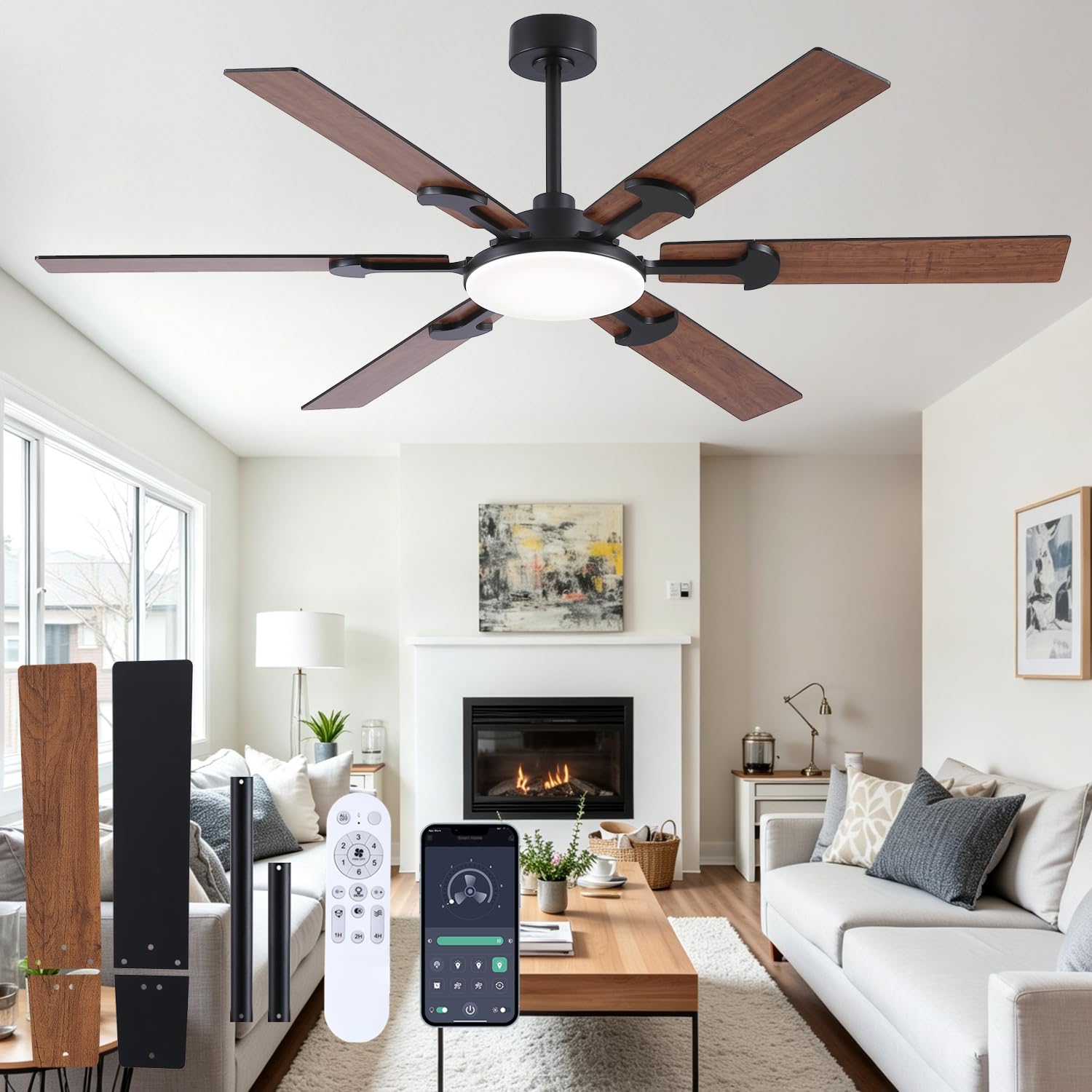 FUMLTP 65 inch Large Ceiling Fans with Lights，Brown Low Profile Ceiling Fan with light and Remote Control，3 CCT Dimmable，Quiet DC Motor，Indoor/Outdoor Ceiling Fan for Bedroom Living Room Patio,Porch.