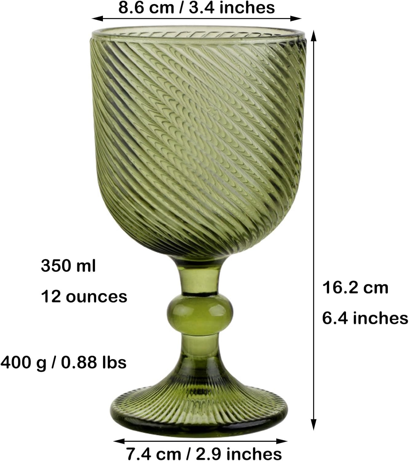 Taganov Green Glasses Drinking Wine Water Goblets Glassware set of 6 Vintage Stem Glasses Stemware 12 Ounces for Wedding Party Bar Twill Pattern Striped 350 ml