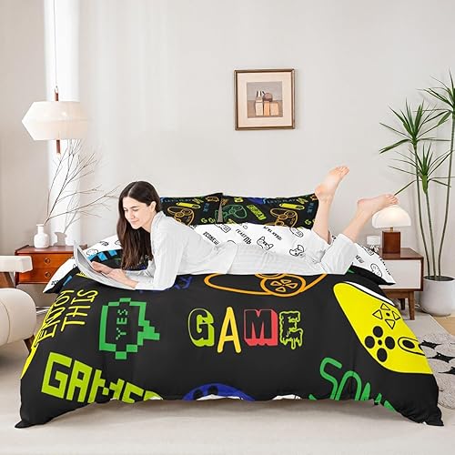 Miniatura 5 de Erosebridal - Juego de funda de edredón con estampado de control de videojuegos para niños y niñas, moderno, de caricaturas, acuarela, decorativo, 3