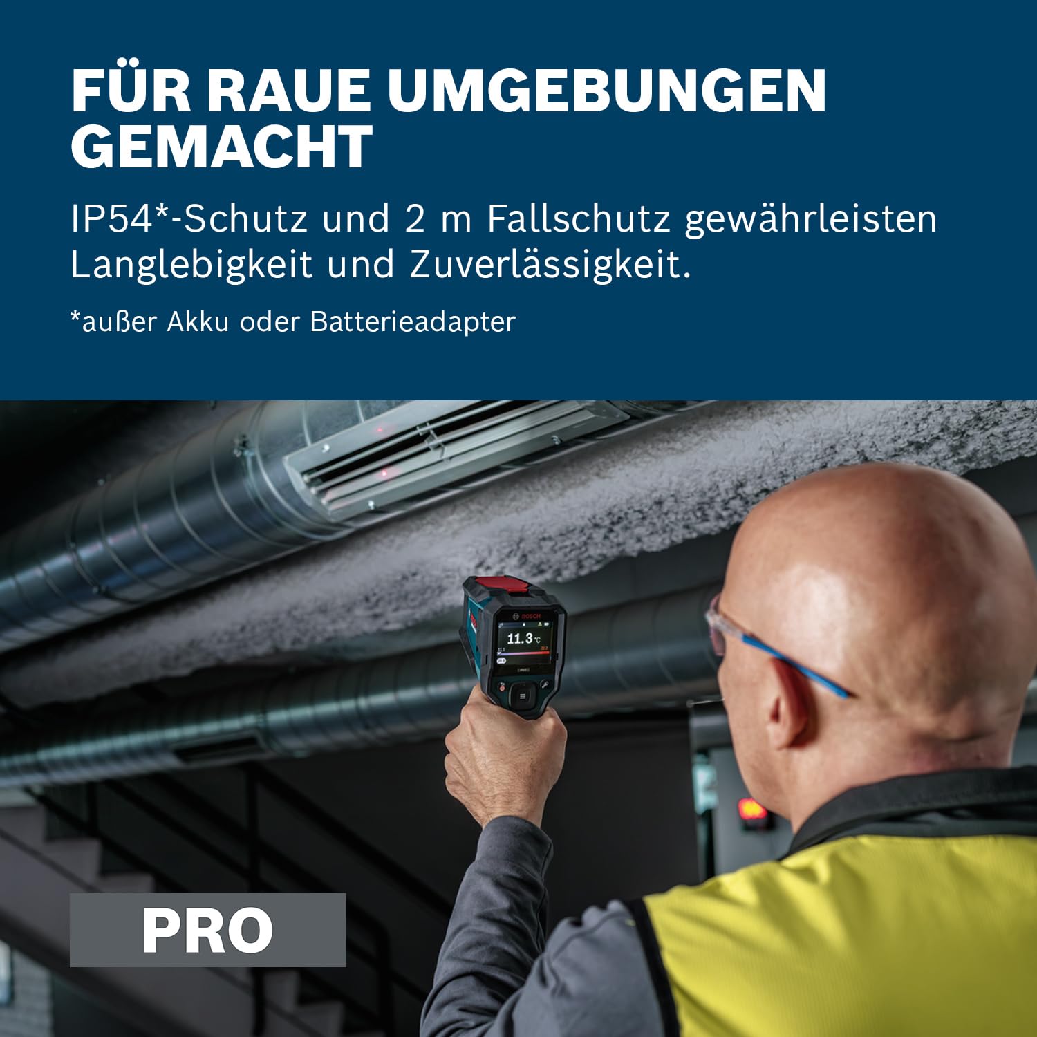 Bosch PRO GIS12V‑800‑16 Infrarot‑Thermometer, Typ‑K Schnittstelle, 20:1 Verhältnis, IP54, Dual‑Power, inkl. Batterieadapter & AA‑Batterien – vielseitig für präzise Temperatur‑ und Materialmessung