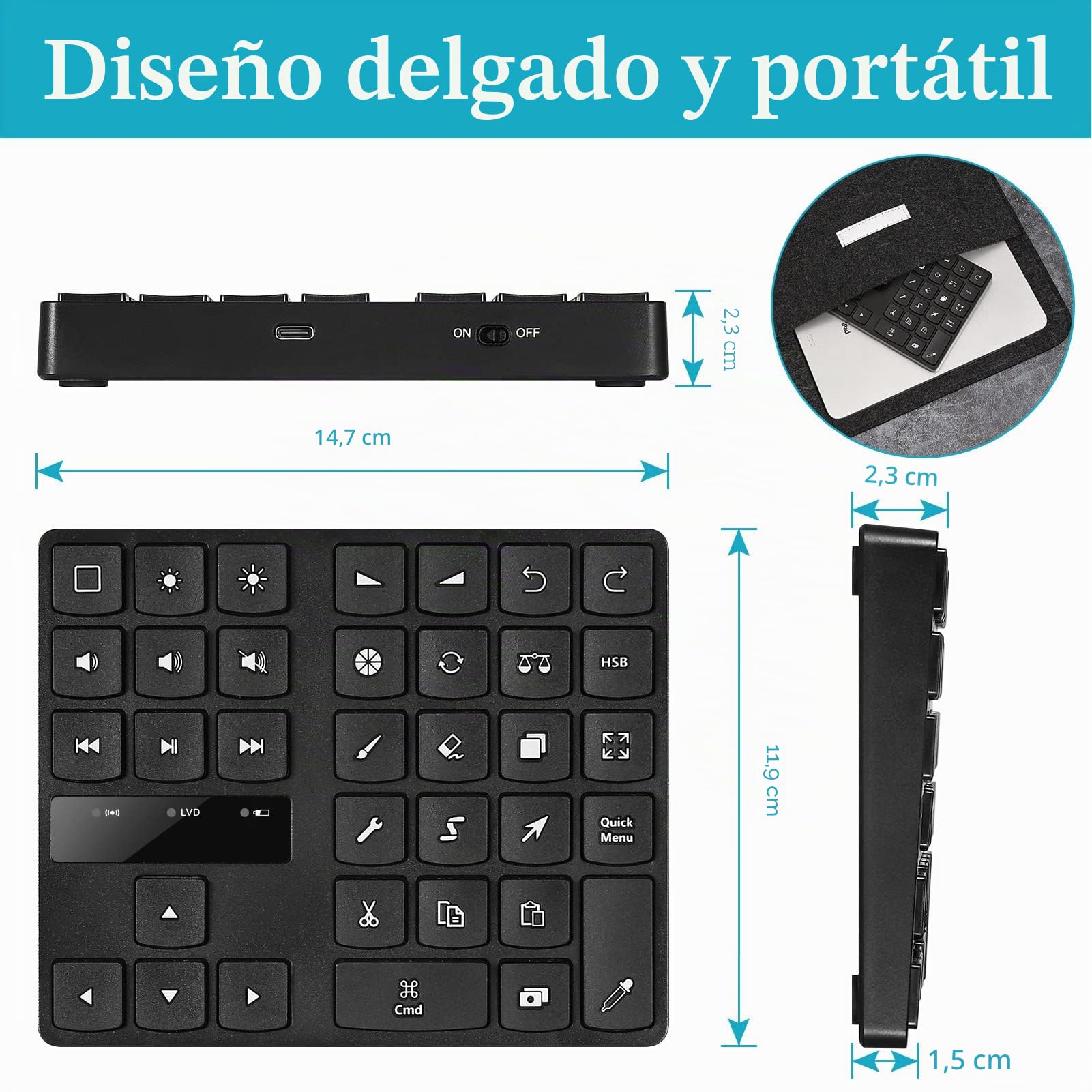 Jectse Teclado para Procreate, 35 teclas, 10 m, edición de fotos con una mano, teclado de dibujo Bluetooth recargable, diseño ergonómico