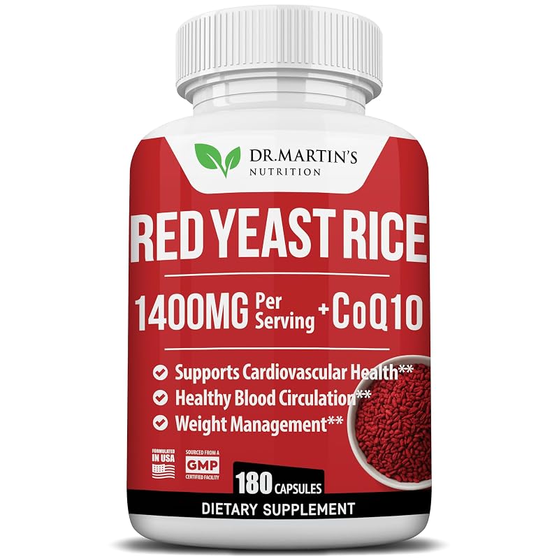DR. MARTIN'S NUTRITION Suplemento de Arroz Vermelho Fermentado com CoQ10 1400 mg + 80 mg, 180 cápsulas