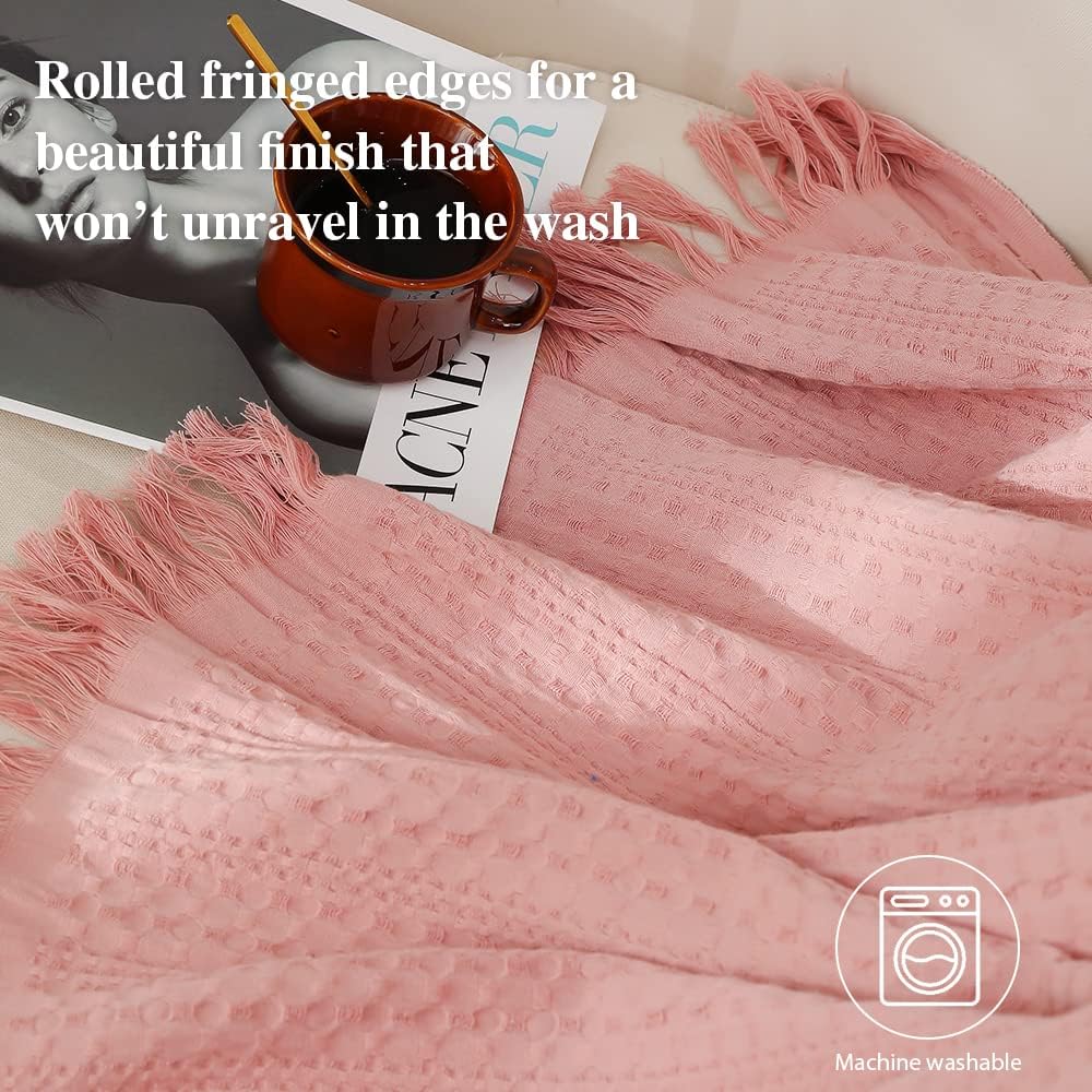 Simple&Opulence 100% Cotton Throw Blanket for Couch, Bed, Waffle Weave Cable Knit Blanket with Tassels, Soft Lightweight Pre-Washed Breathable Cozy Blanket Farmhouse Decoration for All-Season (Pink) - Image 4
