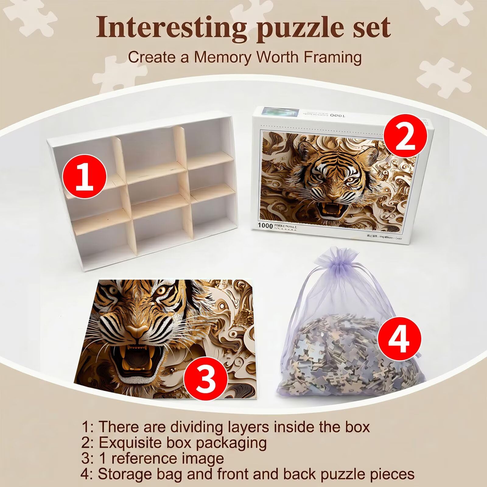 tigre Intaglio legno Puzzle 1500 Pezzi per Adulti, Puzzle in Legno - Collezione Classica con Poster Incluso - Sfida di Concentrazione e Passatempo Antistress, Gioco per Famiglia, 87 x 57 cm f0-616