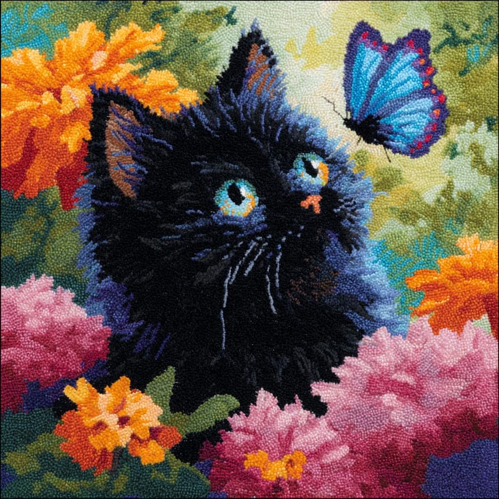 Taxpy DIY Rug Pillow Cover Latch Hook Cushion Kits, Cats, Flowers, and Butterflies Needlework Pillow Cover Sofa Cushion Rug Making Kits,17x17inch