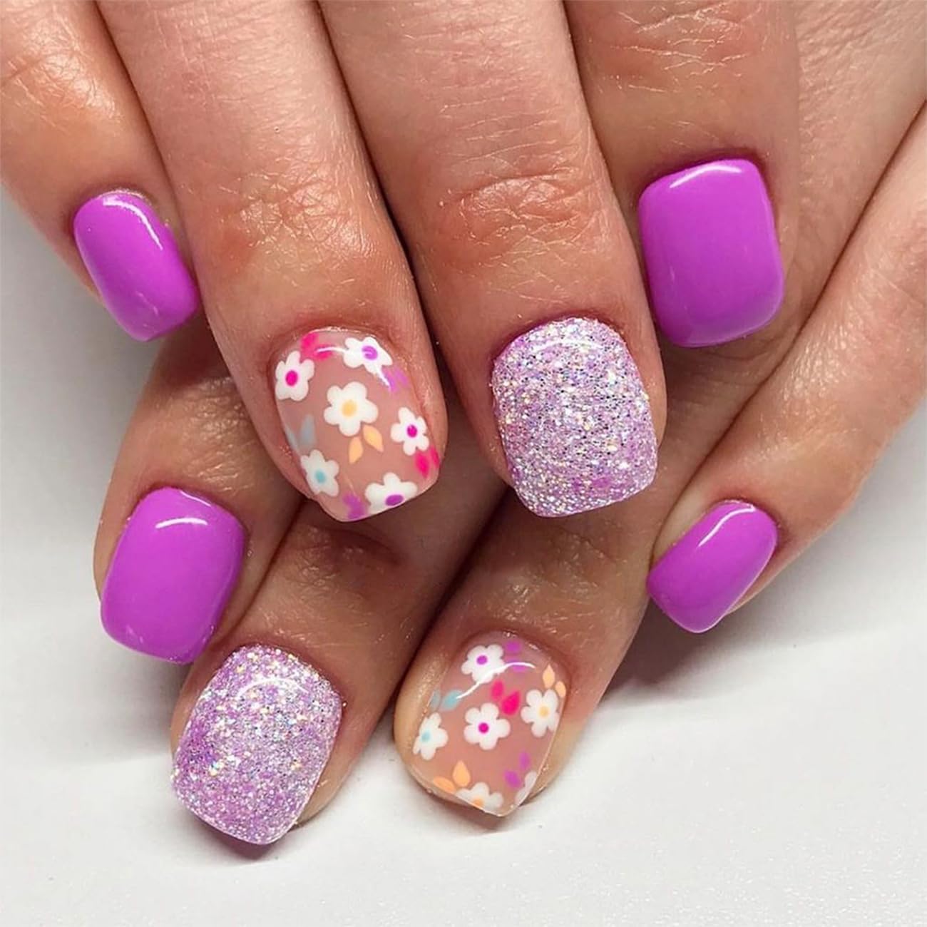 Glitter Flowers Press on Nails Square Short Fake Nails Glossy Purple False Nails with Floral Nails Full Cover Stick on Nails Acrylic Artificial Nails Extra Short Glue on Nails Acrylic for Women Nails
